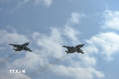 Máy bay cường kích Su-25 trong một cuộc diễn tập ở Moskva ngày 20/4. (Nguồn: Sputnik/AFP/TTXVN)