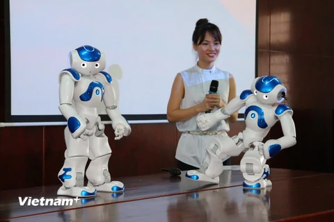 Robot NAO đang biểu diễn và giao lưu với sinh viên. (Ảnh: Sỹ Tuyên/Vietnam+)