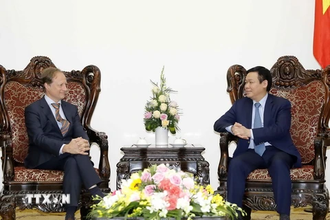  Phó Thủ tướng Vương Đình Huệ tiếp Đại sứ, Trưởng phái đoàn EU tại Việt Nam Bruno Angelet. (Ảnh: An Đăng/TTXVN)