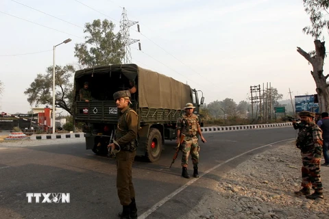 Binh sỹ Ấn Độ làm nhiệm vụ trong vụ đấu súng với các phần tử vũ trang tại căn cứ quân sự ở Nagrota ngày 29/11. (Nguồn: AFP/TTXVN)
