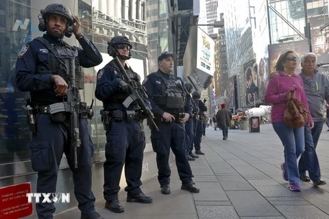 Cảnh sát chống khủng bố tuần tra trên Quảng trường Thời đại ở thành phố New York ngày 4/11. (Nguồn: AP/TTXVN)