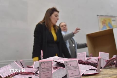 Nhân viên Ủy ban bầu cử Italy tiến hành kiểm phiếu trưng cầu dân ý về Hiến pháp cải cách tại Rome ngày 4/12. (Nguồn: AFP/TTXVN)