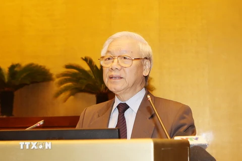 Tổng Bí thư Nguyễn Phú Trọng phát biểu chỉ đạo Hội nghị. (Ảnh: Trí Dũng​/TTXVN)