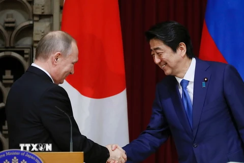Tổng thống Nga Vladimir Putin (trái) và Thủ tướng Nhật Bản Shinzo Abe (phải) trong cuộc họp báo ở Tokyo ngày 16/12. (Nguồn: AFP/TTXVN)