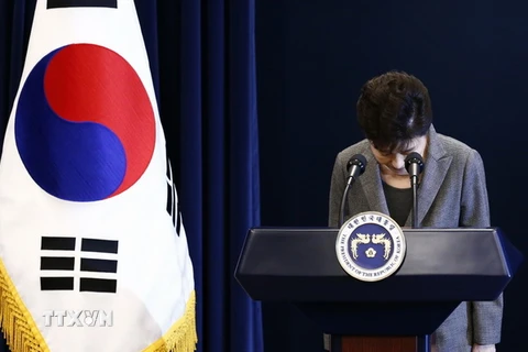 Tổng thống Park Geun-hye xin lỗi người dân trong bài phát biểu trực tiếp trên truyền hình về vụ bê bối chính trị liên quan đến người bạn thân Choi Soon-sil, tại Seoul ngày 29/11. (Nguồn: AP/TTXVN)