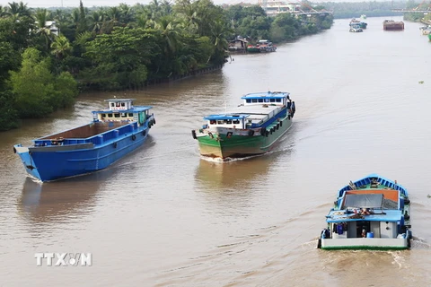 Các phương tiện thủy lưu thông trên kênh Chợ Gạo. (Ảnh: Nam Thái/TTXVN)