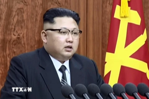 Nhà lãnh đạo Triều Tiên Kim Jong-un phát biểu trong thông điệp Năm Mới 2017. (Nguồn: YONHAP/TTXVN)