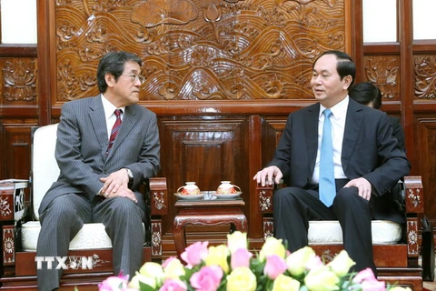 Chủ tịch nước Trần Đại Quang tiếp Ngài Kumio Umeda, Đại sứ Đặc mệnh toàn quyền Nhật Bản tại Việt Nam đến chào xã giao. (Ảnh: Nhan Sáng/TTXVN)