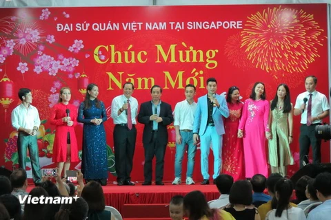 Đại sứ Nguyễn Tiến Minh giao lưu với cộng đồng người Việt tại Singapore. (Ảnh: Việt Dũng/Vietnam+)