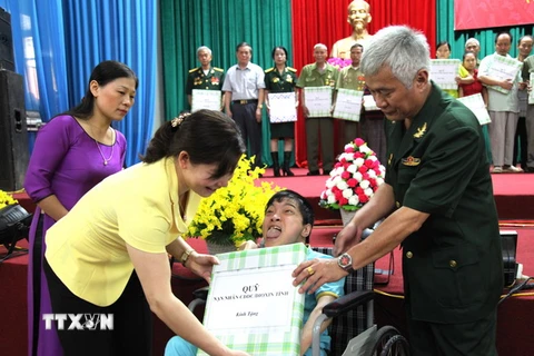 Phó Chủ tịch HĐND tỉnh Hà Giang Chúng Thị Chiên trao tặng quà cho các nạn nhân da cam trên địa bàn. (Ảnh: Minh Tâm/TTXVN)