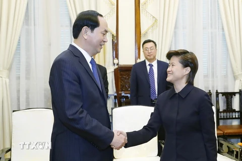 Chủ tịch nước Trần Đại Quang tiếp bà Catherine Wong Siow Ping, Đại sứ Cộng hòa Singapore tại Việt Nam đến chào xã giao. (Ảnh: Nhan Sáng/TTXVN)