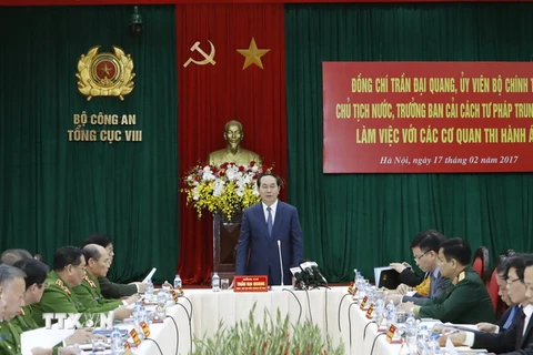 Chủ tịch nước Trần Đại Quang phát biểu chỉ đạo tại buổi làm việc. (Ảnh: Nhan Sáng/TTXVN)
