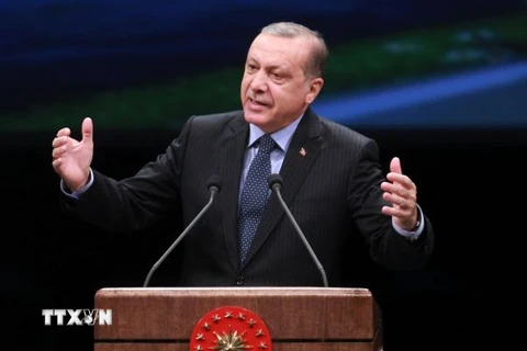 Tổng thống Thổ Nhĩ Kỳ Recep Tayyip Erdogan trong bài phát biểu tại Ankara ngày 27/1. (Nguồn: AFP/TTXVN)