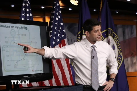 Chủ tịch Hạ viện Mỹ Paul Ryan trình bày kế hoạch thay thế luật Obamacare bằng dự thảo Luật AHCA tại Washington, DC., ngày 9/3. (Nguồn: AFP/TTXVN)