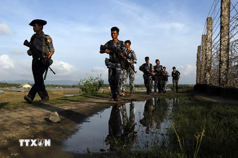 Cảnh sát Myanmar tuần tra tại khu vực Maungdaw, bang Rakhine ngày 14/10. (Nguồn: AP/TTXVN)