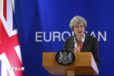 Thủ tướng Anh Theresa May phát biểu tại Hội nghị thượng đỉnh Liên minh châu Âu ở Brussels (Bỉ) ngày 9/3. (Nguồn: THX/TTXVN)
