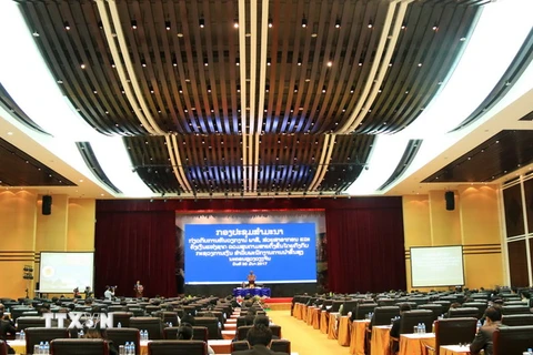 Quang cảnh Hội thảo cấp cao giữa Việt Nam và Lào về quản lý 3 đơn vị ngành dọc thuộc Bộ Tài chính gồm: thuế, hải quan, kho bạc. (Ảnh: Phạm Kiên/TTXVN)