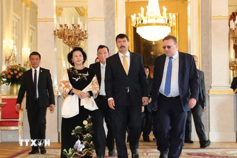 Chủ tịch Quốc hội Nguyễn Thị Kim Ngân chào xã giao Tổng thống Hungary Asder János. (Ảnh: Trọng Đức/TTXVN)