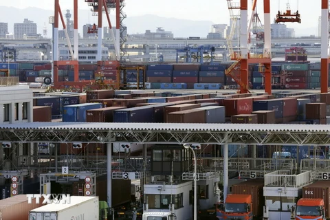 Bốc dỡ container hàng hóa tại cảng Tokyo, Nhật Bản ngày 25/1. (Nguồn: EPA/TTXVN)