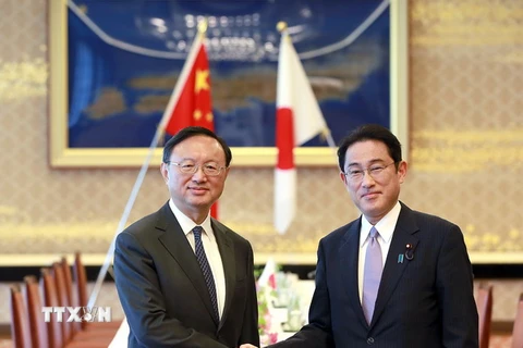 Ủy viên Quốc vụ Trung Quốc Dương Khiết Trì (trái) và Ngoại trưởng Nhật Bản Fumio Kishida (phải) trước cuộc họp ở Tokyo, Nhật Bản ngày 30/5. (Nguồn: EPA/TTXVN)