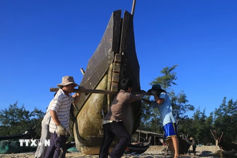 Bằng nguồn tiền chi trả bồi thường sự cố môi trường biển, ngư dân ở xã Vinh Thanh, huyện Phú Vang đầu tư sửa chữa thuyền, phục vụ đánh bắt thủy sản. (Ảnh: Hồ Cầu/TTXVN)