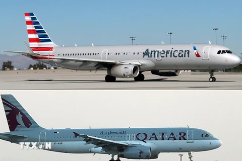 Máy bay của hãng hàng không American Airlines (ảnh trên) tại sân bay McCarran ở Las Vegas, Nevada, Mỹ và máy bay của hãng Qatar Airways (ảnh dưới) tại sân bay Hamad ở Doha, Qatar, ngày 12/6. (Nguồn: AFP/TTXVN)