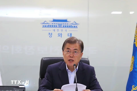 Tổng thống Hàn Quốc Moon Jae-in tại cuộc họp ở Seoul ngày 4/7. (Nguồn: AFP/TTXVN)