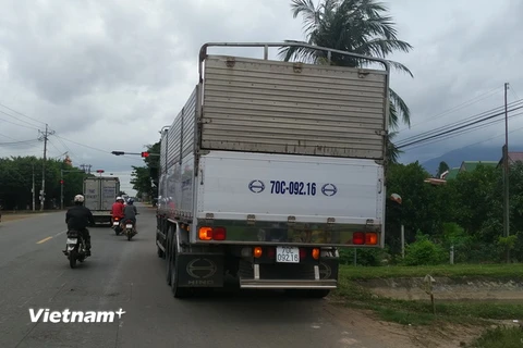 Chiếc xe tải gây tai nạn rồi bỏ trốn bị bắt lại. (Ảnh: Phạm Thanh Tân/Vietnam+)