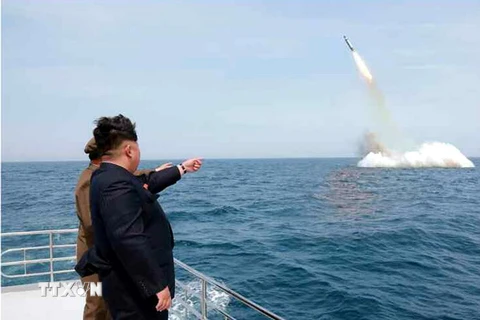 Nhà lãnh đạo Triều Tiên Kim Jong-un thị sát một vụ phóng thử tên lửa từ tàu ngầm ở gần Sinpo thuộc vùng biển phía đông bắc Triều Tiên ngày 9/5/2015. (Nguồn: EPA/ TTXVN)