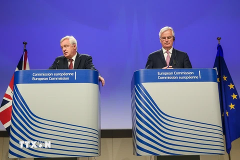 Bộ trưởng phụ trách Brexit của Anh David Davis (trái) và Trưởng đoàn đàm phán của Liên minh châu Âu Michel Barnier tại cuộc họp báo ở Brussels (Bỉ) ngày 20/7. (Nguồn: EPA/TTXVN)