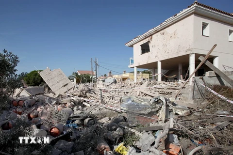Căn nhà bị phá hủy hoàn toàn sau một vụ nổ ga ở Alcanar ngày 17/8. (Nguồn: EPA/TTXVN)
