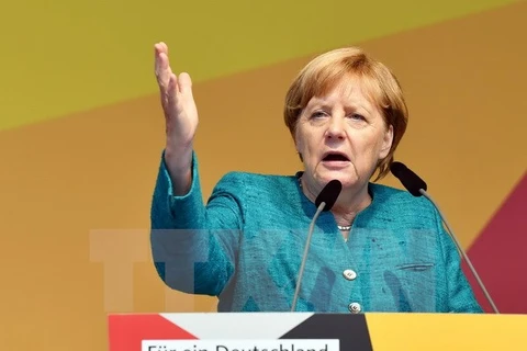 Thủ tướng Đức Angela Merkel tại cuộc họp báo ở Annaberg-Buchholz, Đức, ngày 17/8. (Nguồn: AFP/TTXVN)
