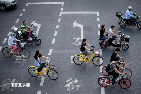 Người dân di chuyển bằng xe đạp tại Thượng Hải, Trung Quốc ngày 3/7. (Nguồn: AFP/TTXVN)