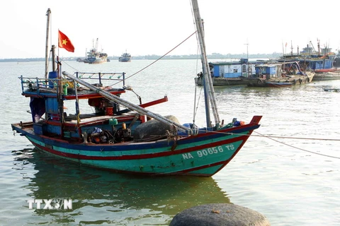 Nhiều tàu thuyền đã được kêu gọi vào bờ và neo đậu an toàn tại khu vực bờ biển Cửa Hội, thị xã Cửa Lò (Nghệ An) vào chiều 13/9. (Ảnh: Thanh Tùng/TTXVN)