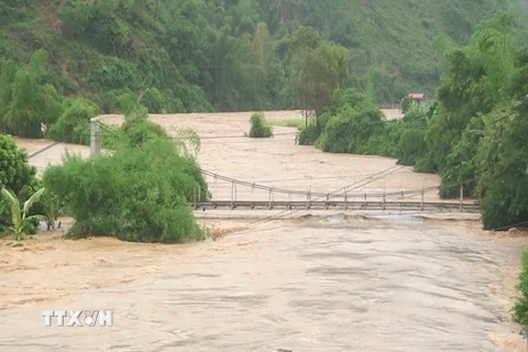 Nước lũ dâng cao gây ngập tại nhiều khu dân cư ở huyện Phù Yên. (Ảnh: Hữu Quyết/TTXVN)