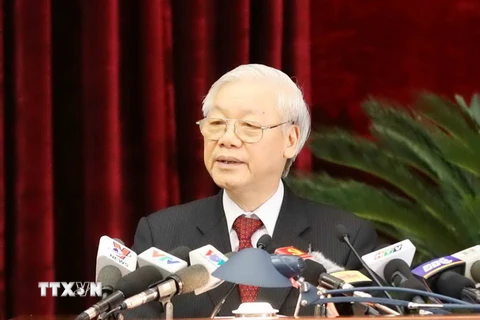 Tổng Bí thư Nguyễn Phú Trọng phát biểu bế mạc Hội nghị. (Ảnh: Phương Hoa/TTXVN)