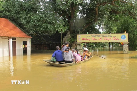 Nhiều đường xá, nhà cửa, cây cối, khu nuôi trồng thủy sản của người dân xã Gia Tân, huyện Gia Viễn, tỉnh Ninh Bình vẫn còn ngập sâu trong nước. (Ảnh: Thùy Dung - TTXVN)