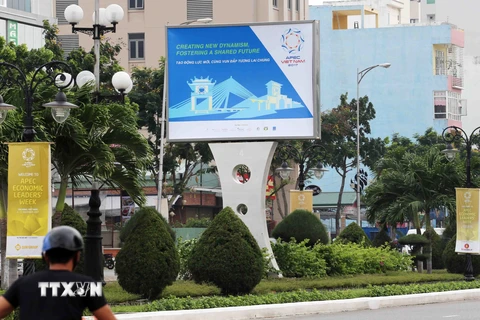 Panô chào mừng Tuần lễ cấp cao APEC 2017 trên các tuyến đường tại Đà Nẵng. (Ảnh: Trần Lê Lâm/TTXVN)