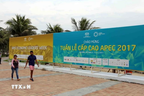 Panô chào mừng Tuần lễ cấp cao APEC 2017 được trưng bày tại các khu vực công cộng ở Đà Nẵng. (Ảnh: Trần Lê Lâm/TTXVN)