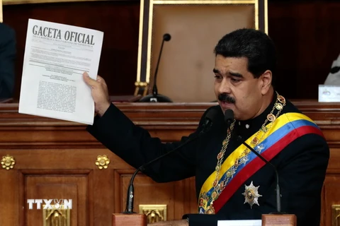 Tổng thống Venezuela Nicolas Maduro phát biểu trong cuộc họp tại Caracas ngày 10/8. (Nguồn: EPA/TTXVN)