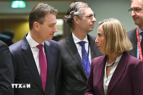 Ngoại trưởng Hà Lan Halbe Zijlstra (trái) và Đại diện cấp cao về chính sách đối ngoại của EU Federica Mogherini (phải) tại cuộc họp ở Brussels ngày 13/11. (Nguồn: AFP/TTXVN)