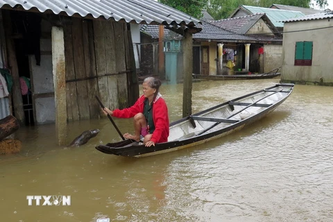 Người dân thôn Hà Lỗ, xã Hải Tân (Hải Lăng, Quảng Trị) phải đi lại bằng thuyền. (Ảnh Trần Tĩnh/TTXVN)