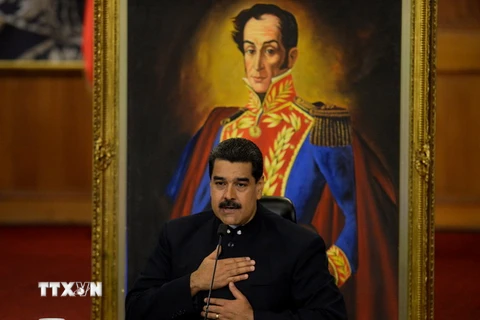 Tổng thống Venezuela Nicolas Maduro trong cuộc họp báo tại Caracas ngày 17/10. (Nguồn: AFP/TTXVN)
