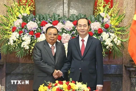 Chủ tịch nước Trần Đại Quang hội kiến với Tổng Bí thư, Chủ tịch nước Lào Bounnhang Vorachith đang thăm hữu nghị chính thức Việt Nam. (Ảnh: Nhan Sáng/TTXVN)