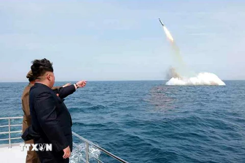 Nhà lãnh đạo Kim Jong-un thị sát vụ phóng thử tên lửa từ tàu ngầm gần Sinpo, phía đông bắc Triều Tiên ngày 9/5. (Nguồn: EPA/ TTXVN)