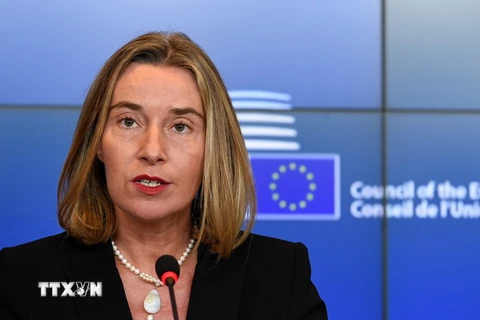 Đại diện Cấp cao EU về chính sách an ninh và đối ngoại Federica Mogherini trong cuộc họp báo tại Luxembourg ngày 16/10/2017. (Nguồn: AFP/TTXVN)