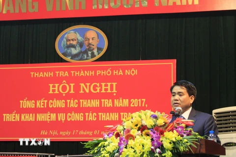Chủ tịch UBND thành phố Hà Nội Nguyễn Đức Chung phát biểu tại Hội nghị. (Ảnh: Nguyễn Văn Cảnh/TTXVN)
