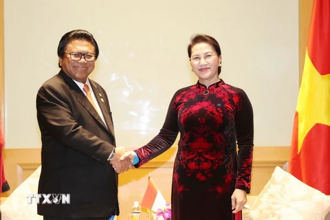 Chủ tịch Quốc hội Nguyễn Thị Kim Ngân, Chủ tịch APPF 26, nhiệm kỳ 2017-2018 tiếp Chủ tịch Hội đồng Dân biểu khu vực Indonesia Oesman Sapta. (Ảnh: Trọng Đức/TTXVN)