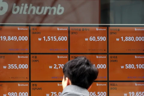Bảng điện tử thông báo tỷ giá tiền ảo tại Seoul, Hàn Quốc ngày 14/1. (Nguồn: YONHAP/TTXVN)