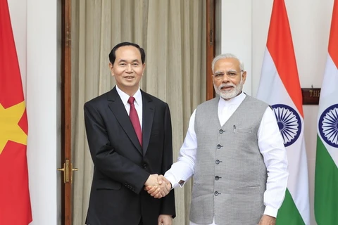 Chủ tịch nước Trần Đại Quang hội đàm với Thủ tướng Cộng hoà Ấn Độ Narendra Modi. (Ảnh: Nhan Sáng/TTXVN)